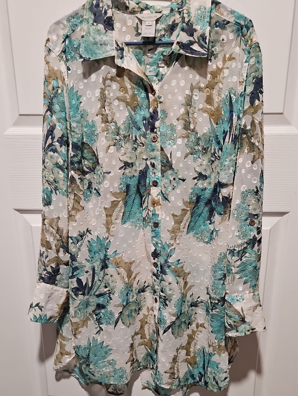 Multiples Teal and Olive Floral Button-Down Blouse
